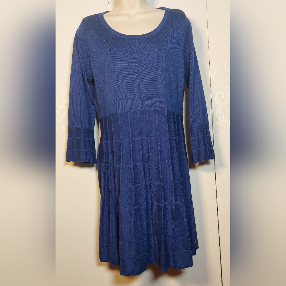 Ellen Tracy Blue Knit Sweater Dress Size Large Textured Bell Sleeves Office Date